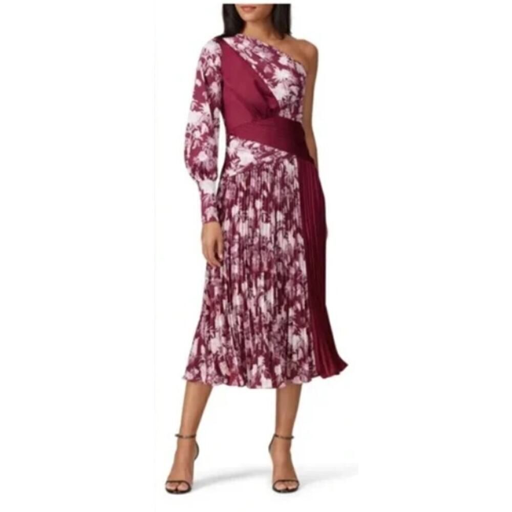 Three Floor Xilitla Midi Dress Women's 6 Burgundy White One Shoulder Pleated RTR